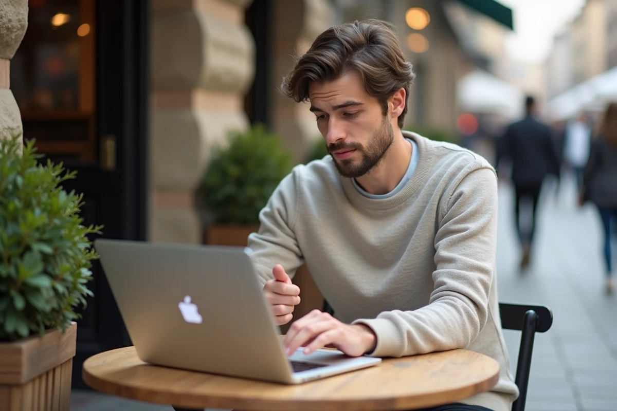 Jeune homme au café consulte sa messagerie en ligne