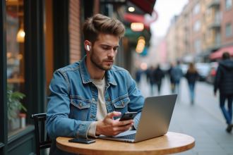 Jeune homme concentré avec ordinateur en café urbain