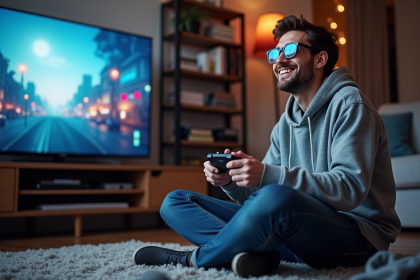 Jeune homme jouant à un jeu vidéo dans un salon cosy