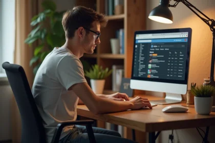 Jeune homme concentr&eacute; sur son ordinateur dans un bureau moderne