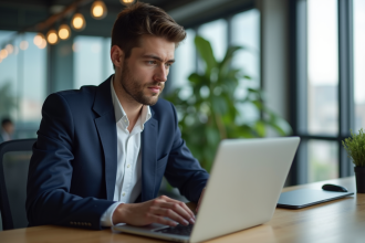 Jeune homme en costume analyse des données SEO sur son ordinateur
