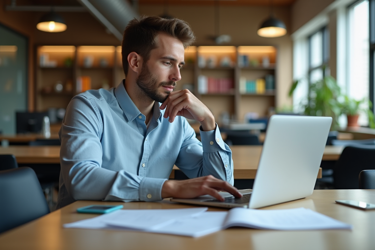Jeune homme examinant des documents numériques au travail