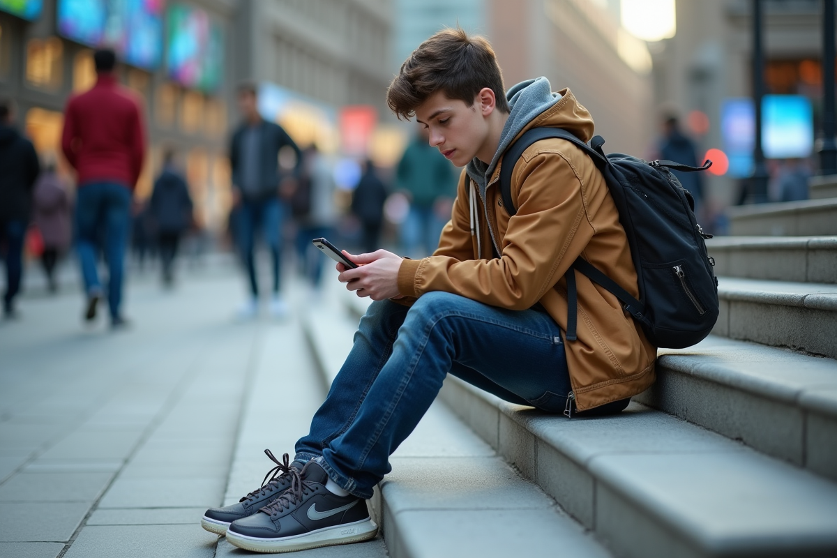 Jeune homme éditant une vidéo sur un banc en ville