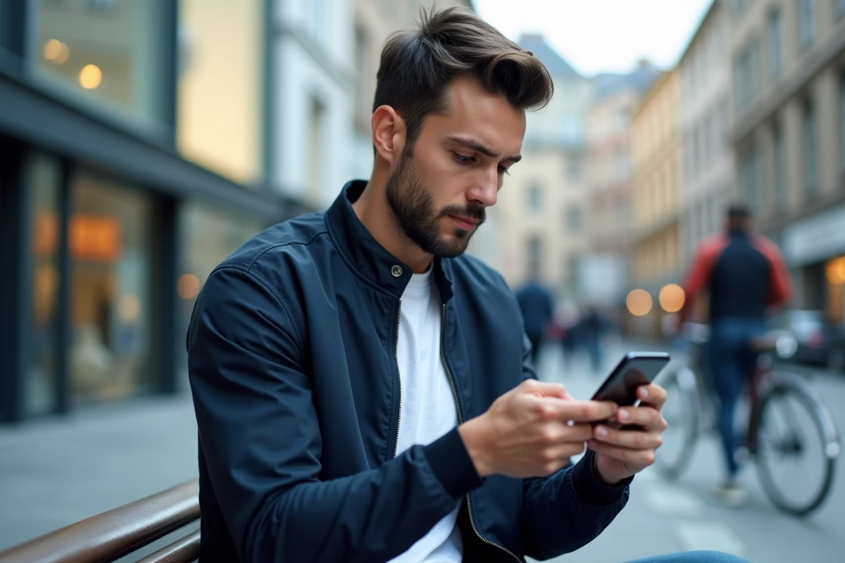 Jeune homme en ville recherchant le site Epsilon Soft sur son smartphone dans les résultats Google