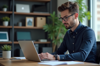 Jeune homme professionnel analysant des données sur son ordinateur