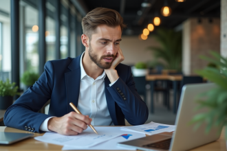 Jeune homme en blazer blanc dans un espace de coworking moderne