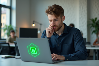 Jeune homme IT examinant un ordinateur avec cadenas HTTPS