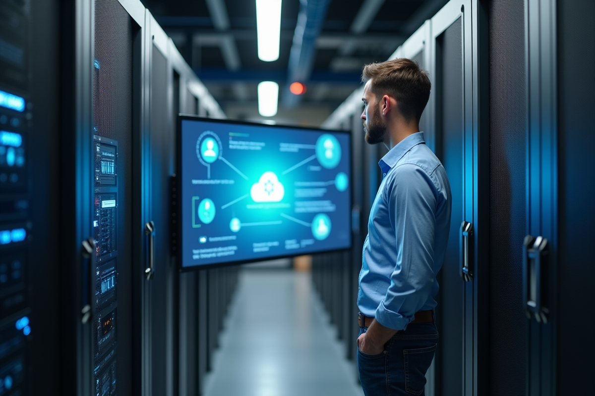 Jeune spécialiste IT étudiant un serveur dans un centre de données