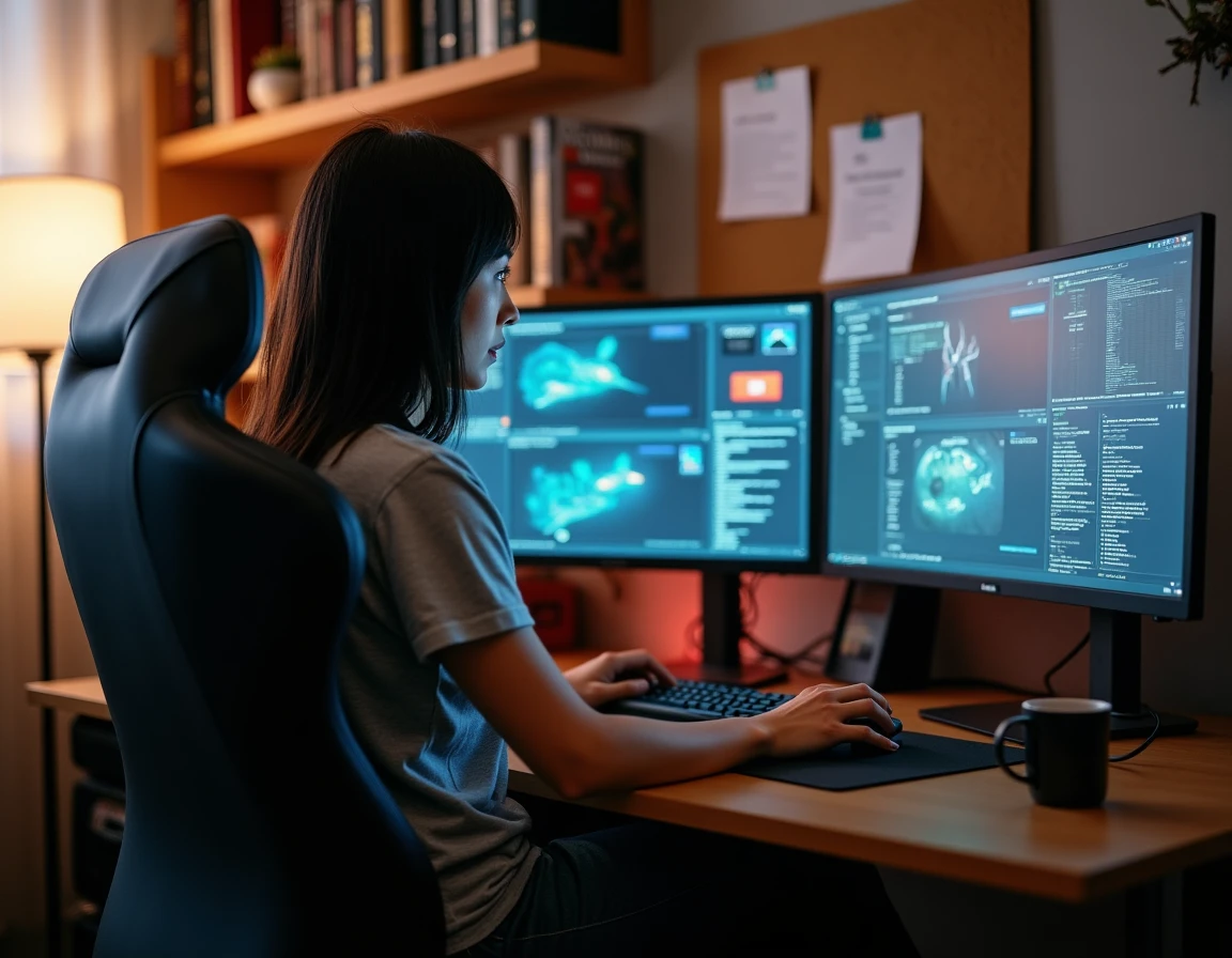 Joueuse Eve Online gérant plusieurs comptes en multiboxing sur configuration écran étendu ultrawide 21/9 dans bureau personnel