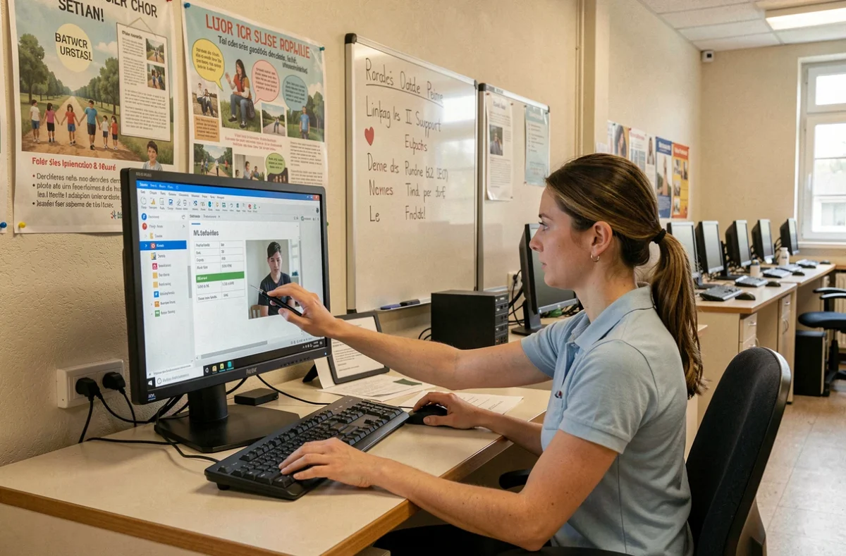 Technicienne assurant la maintenance applicative d'un parc informatique dans une salle informatique scolaire