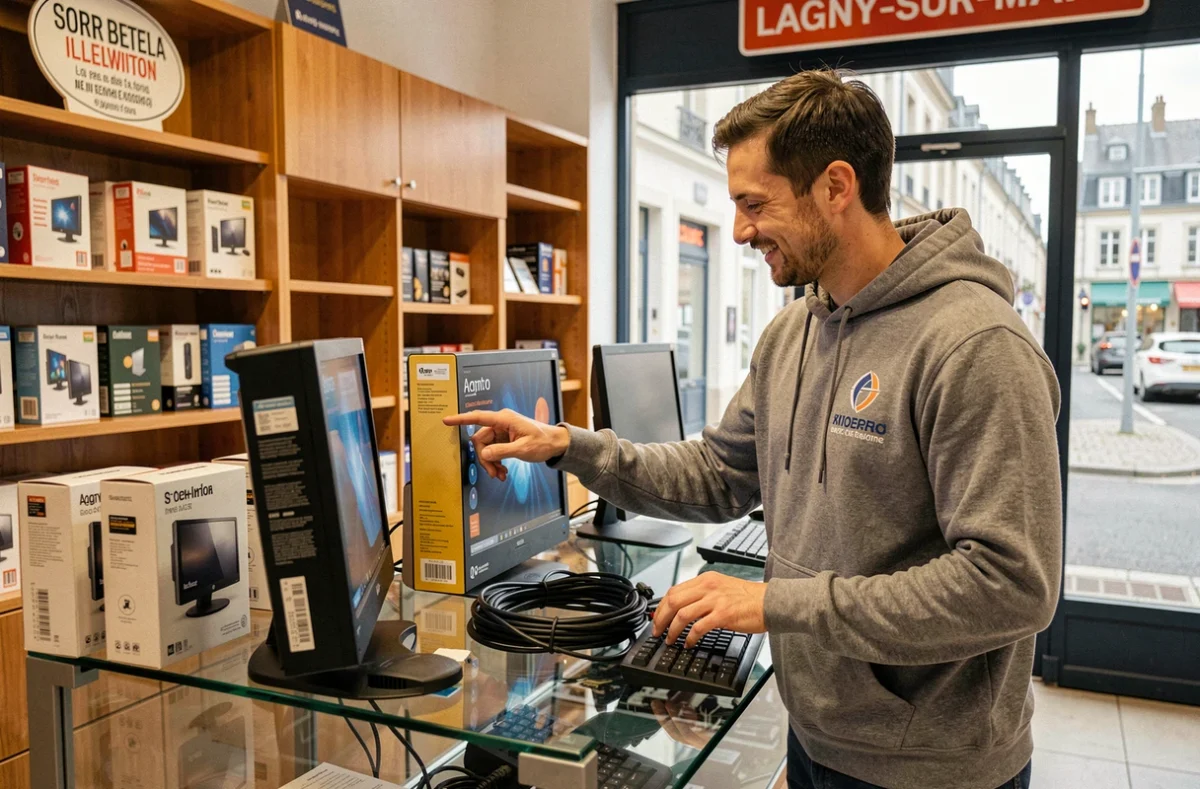 Technicien LOGIN installant un poste informatique multimédia à Lagny-sur-Marne
