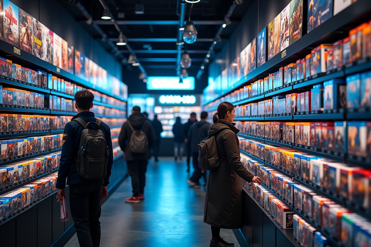 Vente de jeux vidéo et consoles dans un magasin animé