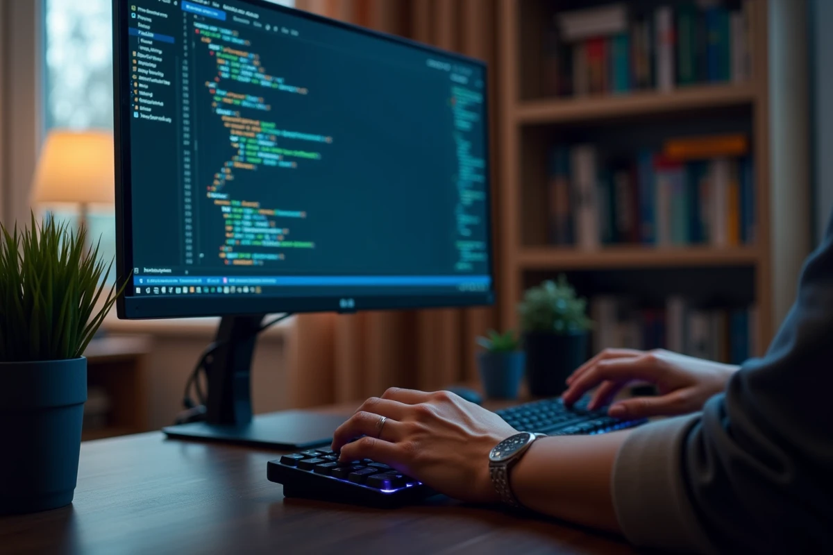 Mains d'une développeuse tapant du code CSS flex dans un éditeur Visual Studio Code sur un bureau à domicile