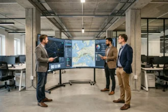 Équipe de professionnels de l'infogérance travaillant dans un open-space moderne dans le Grand Est, avec des tableaux de bord réseau sur des écrans muraux
