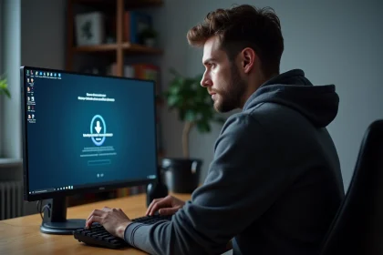 Technicien vérifiant la mise à jour de pilotes sur un écran d'ordinateur dans un bureau à domicile
