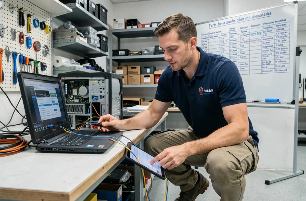 Technicien de NowTeam en Meurthe-et-Moselle effectuant la maintenance informatique sur un ordinateur de bureau dans un atelier professionnel