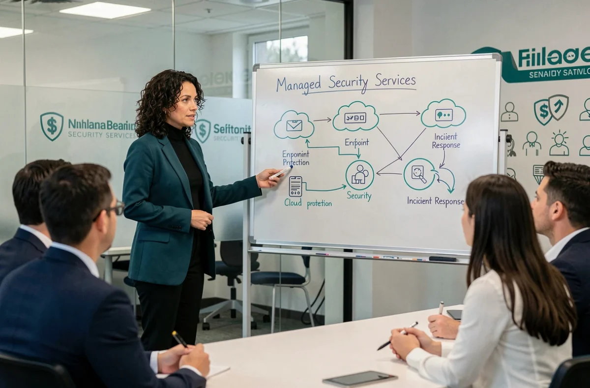 Spécialiste en sécurité informatique de OOB Security présentant une feuille de route de services managés à une équipe dans une salle de briefing