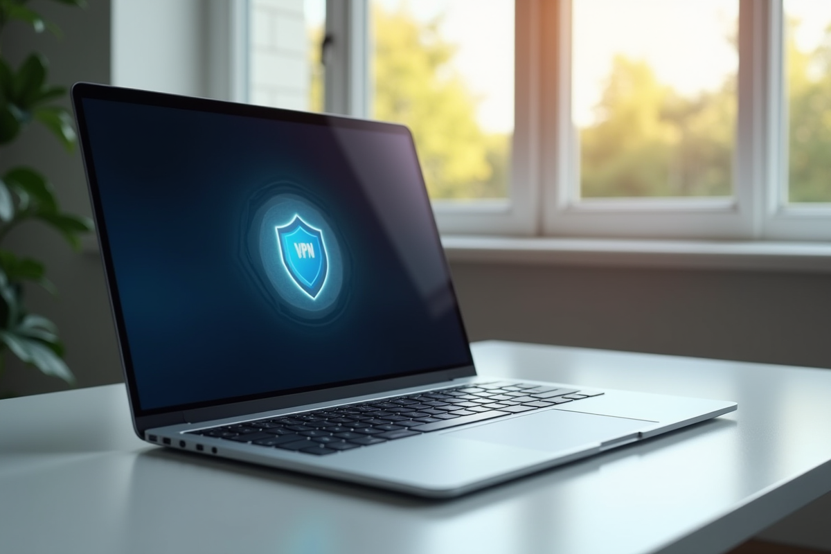 Ordinateur portable avec logo Google One et bouclier VPN