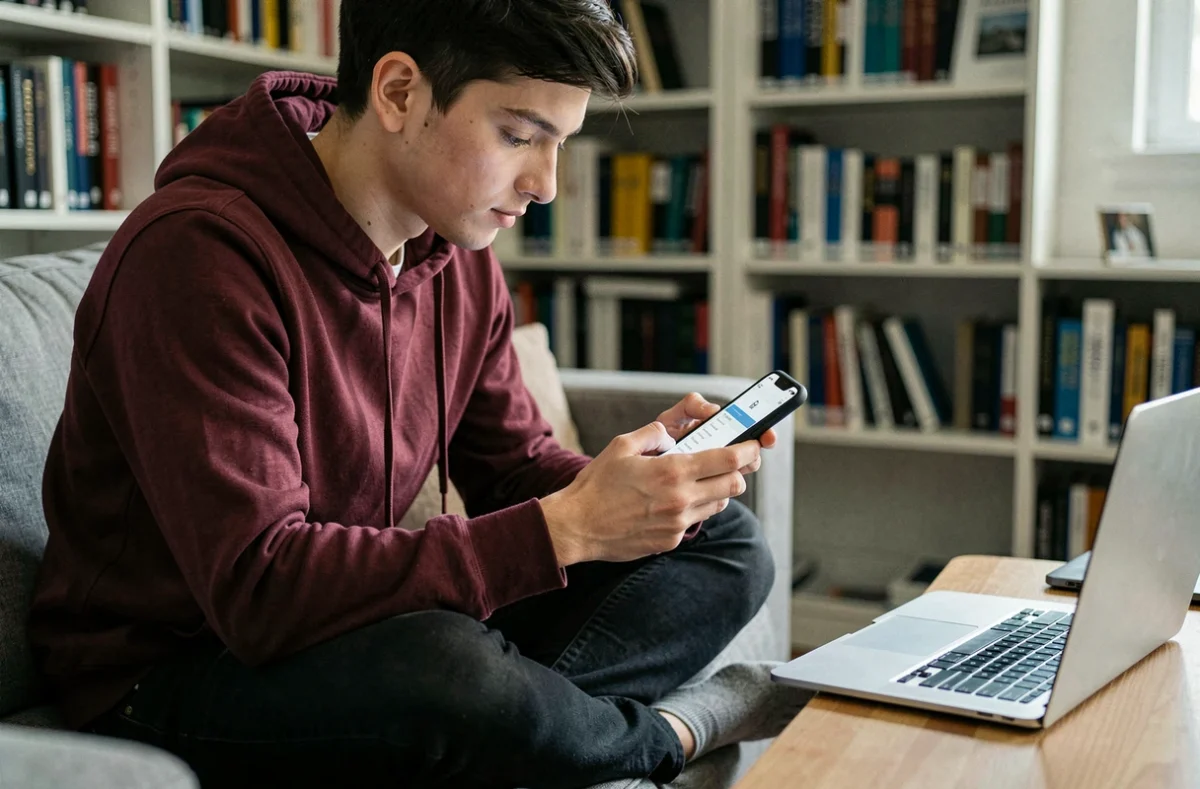 Étudiant paramétrant la messagerie Webmail Toulouse sur smartphone dans un appartement étudiant