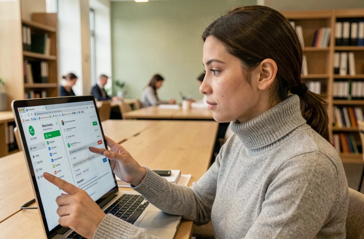 Jeune femme consultant les paramètres de confidentialité de son webmail dans un espace de coworking calme
