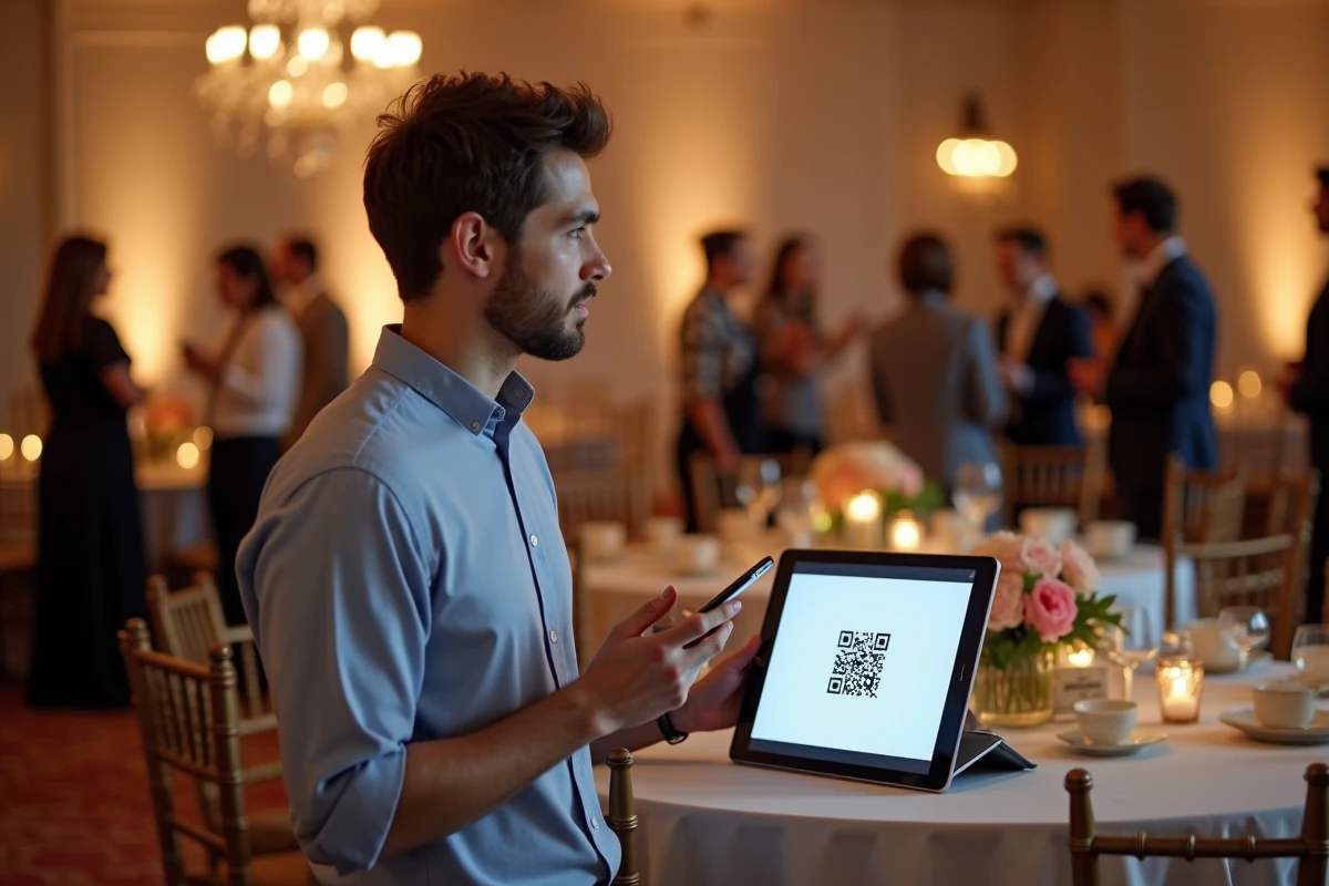 Homme partageant un album photo d'événement avec des invités via QR code sur tablette