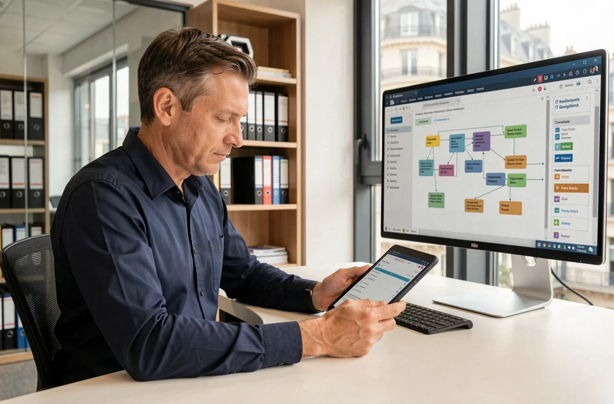 Consultant Partitio examinant un tableau de bord d'infogérance et de conformité réglementaire