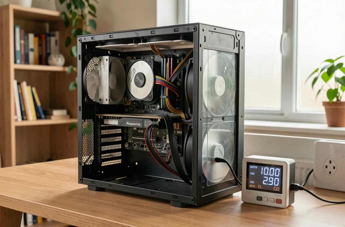 PC ouvert avec deux disques durs et un wattmètre mesurant la consommation électrique sur un bureau