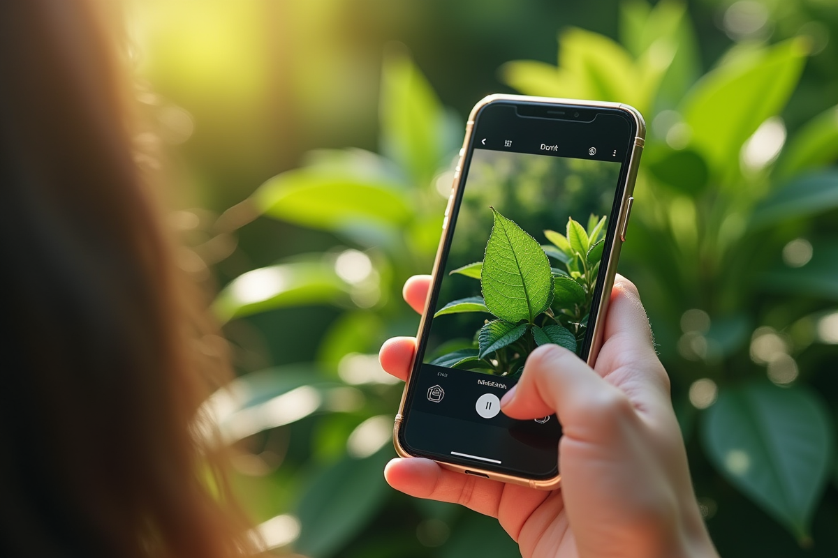 Personne utilisant une application de reconnaissance de plantes avec un smartphone