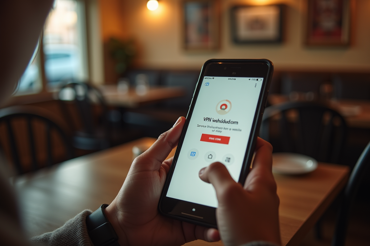 Personne utilisant smartphone dans un café avec message VPN