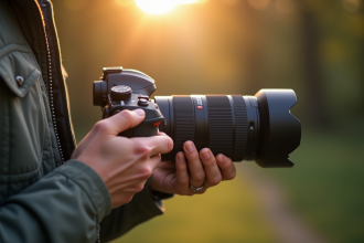 Photographe en plein air ajustant son appareil photo