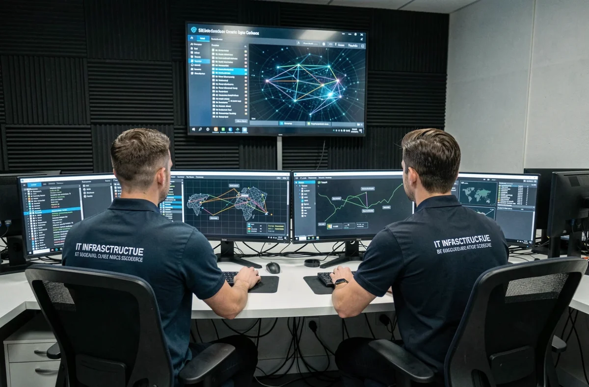 Équipe de Pilote Info dans un centre de sécurité opérationnelle surveillant des infrastructures informatiques PME et des tableaux de bord de cybersécurité