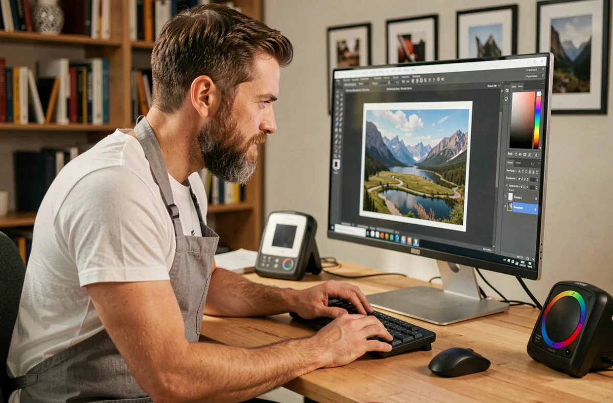 Graphiste préparant un fichier haute résolution pour un tirage grand format sur un écran calibré