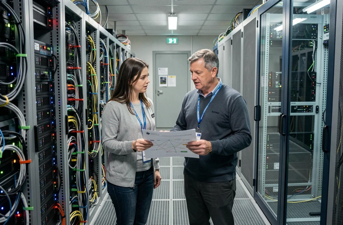 Deux prestataires informatiques analysant une infrastructure réseau dans une salle serveur du Loiret