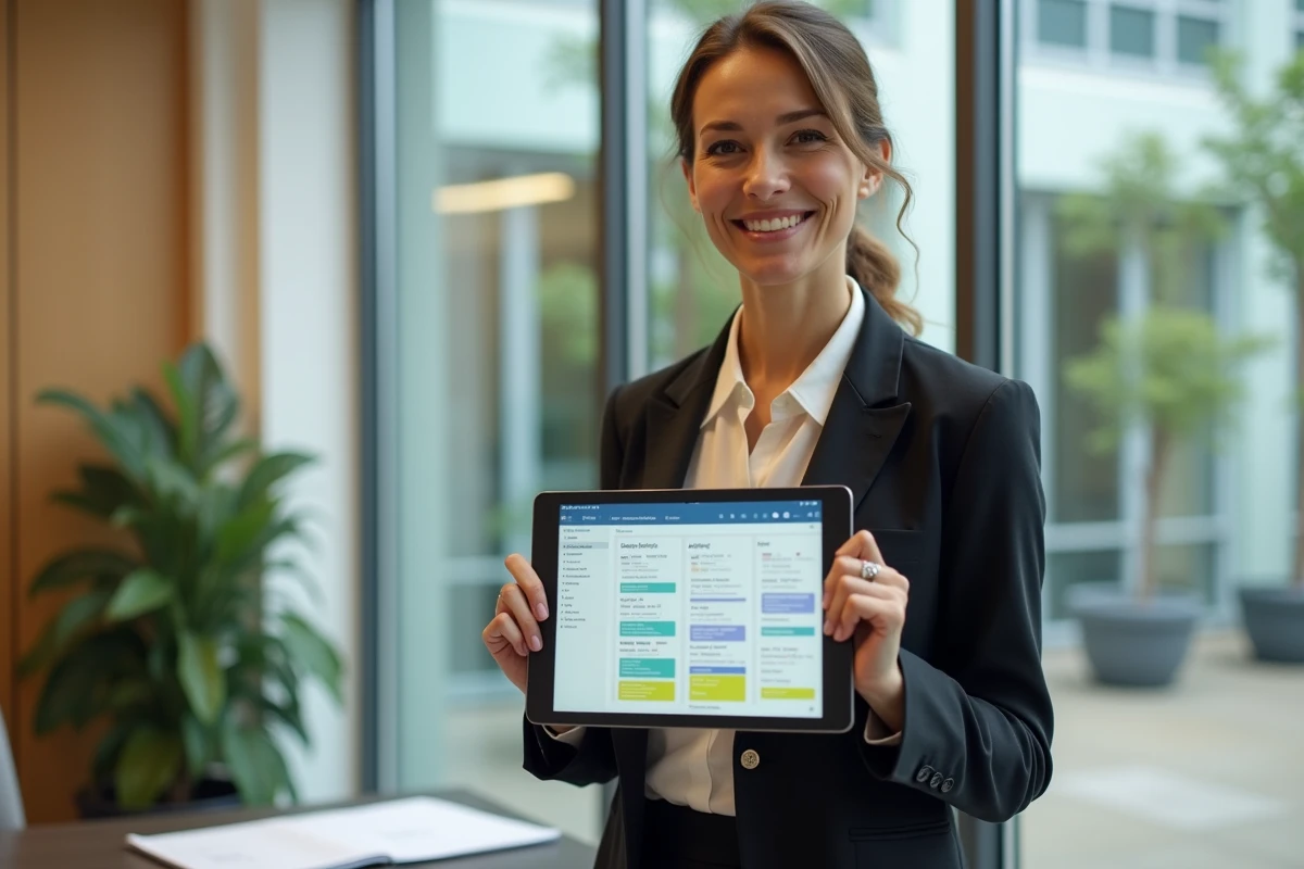 Professeure d'école polytechnique gérant un agenda partagé Zimbra sur tablette dans son bureau universitaire pour coordonner TD et réunions