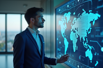 Jeune homme en costume bleu examinant un mur de logos blockchain