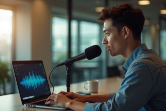 Jeune professionnel parlant dans un microphone au bureau lumineux
