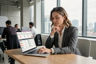 Professionnelle analysant les grilles tarifaires de Chat GPT 5 sur un ordinateur portable dans un bureau moderne