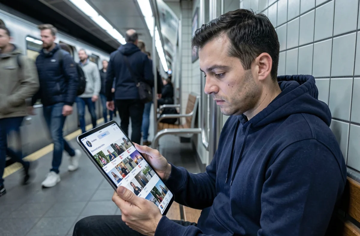 Homme consultant un profil Instagram sur tablette dans le métro