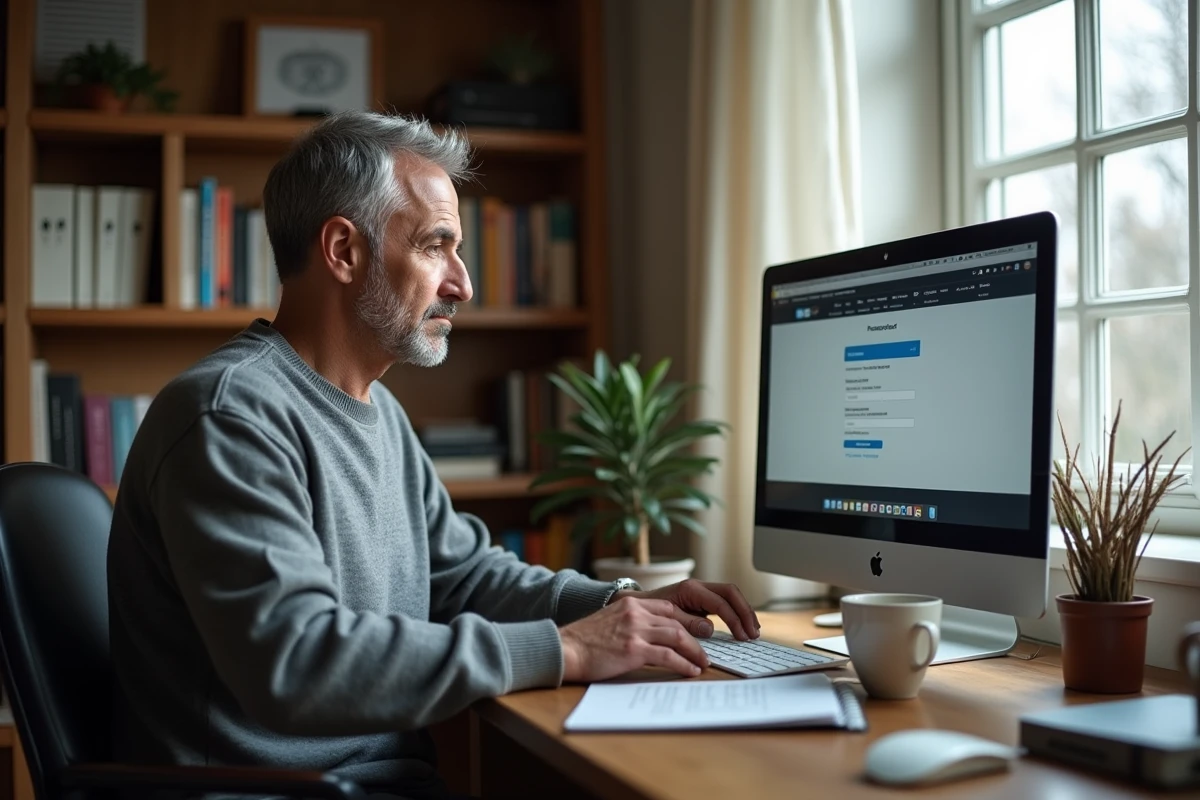 Homme à domicile réinitialisant son mot de passe sur une messagerie webmail Zimbra
