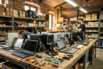 Atelier de réparation informatique professionnel avec techniciens au travail sur des ordinateurs en Indre-et-Loire