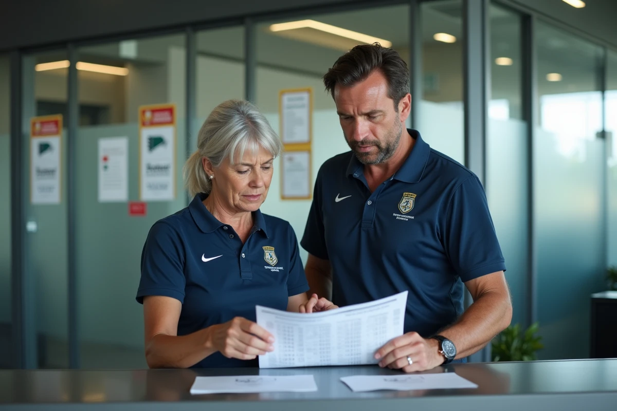Deux responsables d'un club sportif qui examinent ensemble un planning de matchs imprimé au bureau d'accueil d'un complexe sportif