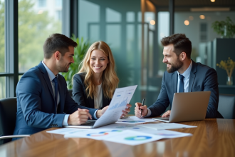 Groupe de professionnels en réunion d'affaires analysant des graphiques