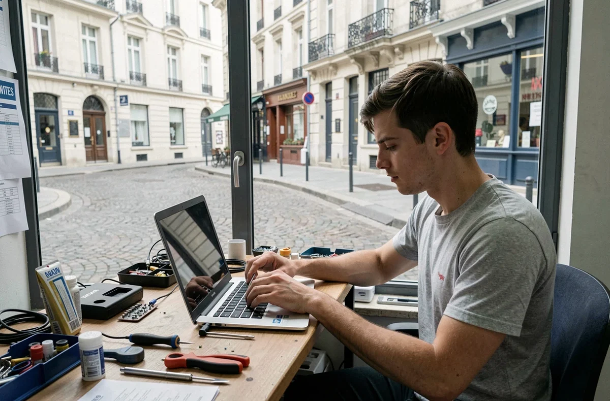 Technicien remplaçant l'écran d'un ordinateur portable dans une boutique de maintenance informatique en centre-ville de Nantes