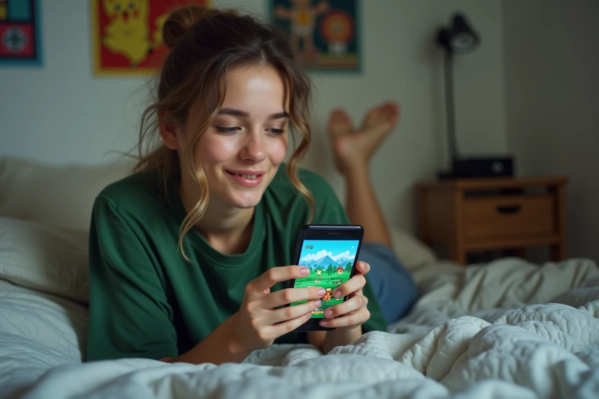 Jeune femme allongée sur un lit jouant à une ROM Pokémon GBA sur smartphone Android avec émulateur