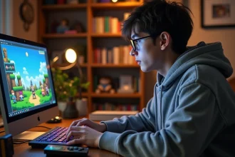 Jeune homme jouant à un jeu RPG rétro en pixels sur un ordinateur portable avec une cartouche Game Boy Advance posée sur le bureau