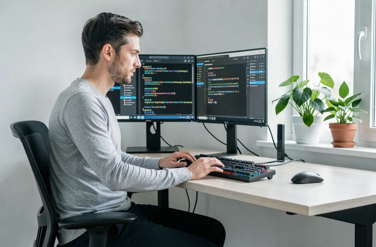 Développeur logiciel travaillant sur du code de maintenance applicative depuis un bureau à domicile équipé de plusieurs écrans