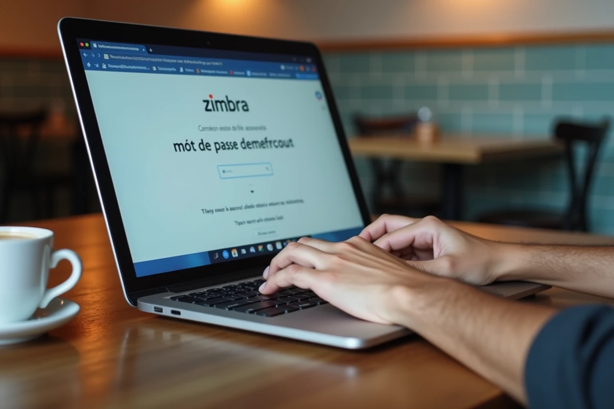 Mains tapant sur un clavier pour récupérer un mot de passe oublié sur Zimbra dans un café