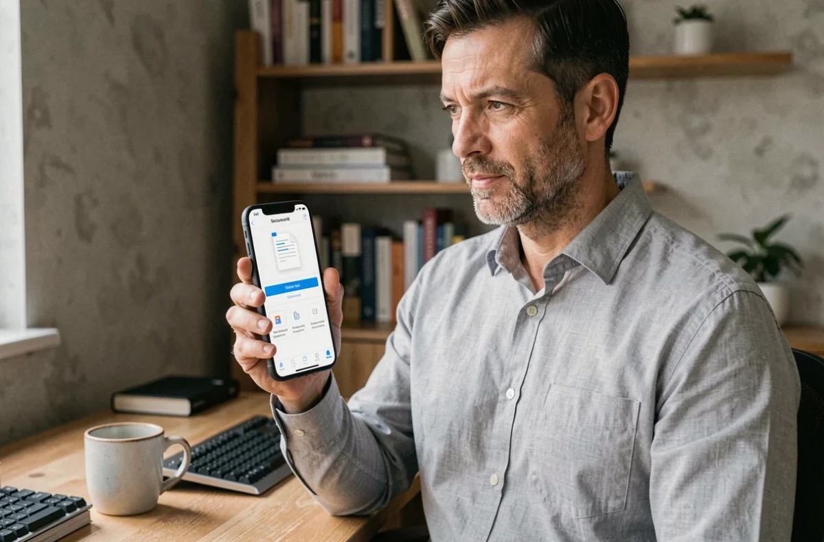 Salarié accédant à son compte Mypeopledoc depuis son espace de travail à domicile via smartphone