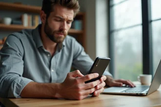 Homme tenant un smartphone Samsung Galaxy S24 FE dans un bureau à domicile moderne, comparant les options de stockage 128 Go et 256 Go