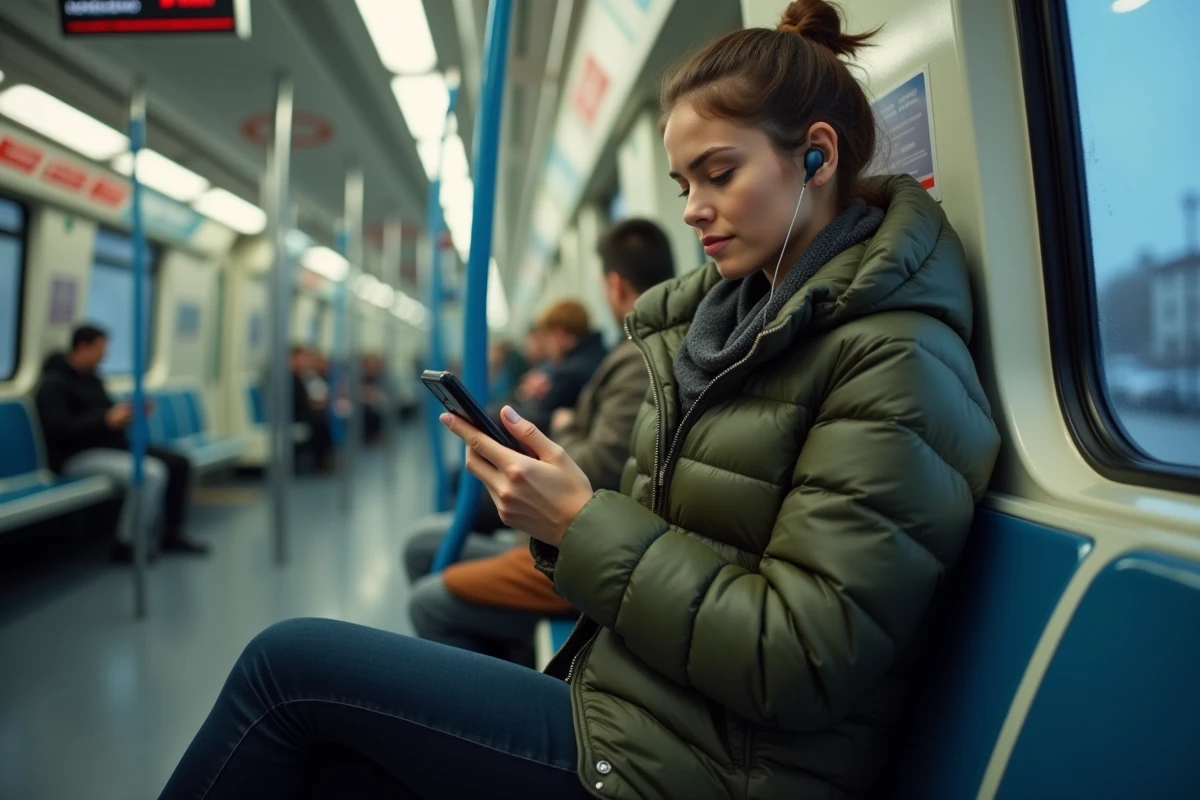 Jeune femme utilisant un Samsung Galaxy S24 FE dans le métro, illustrant l'usage quotidien intensif d'un smartphone avec grande capacité de stockage